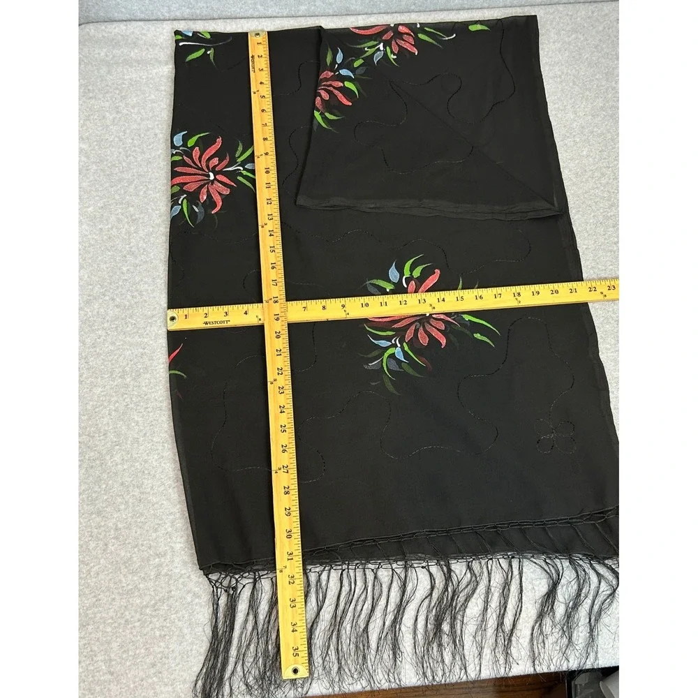 Black‎ Hand Painted Unbranded Scarf Floral Sheer Chiffon Fringe Wrap 70